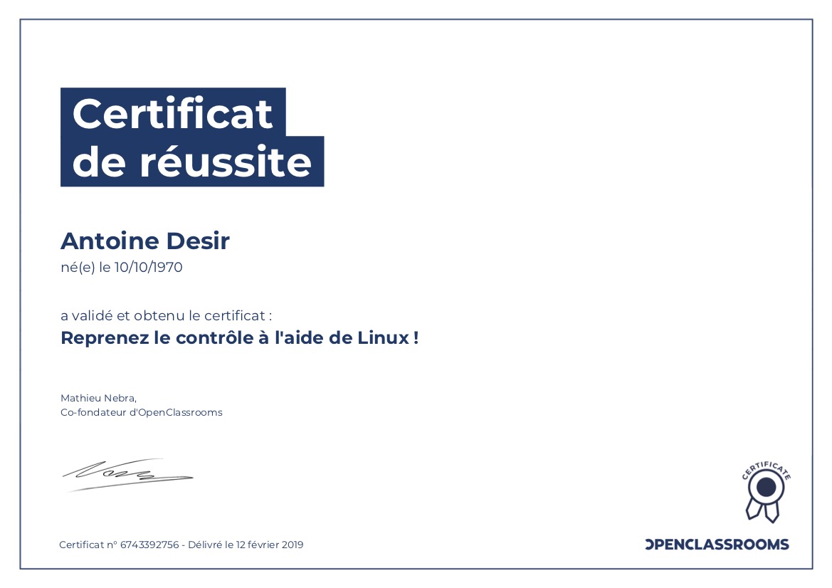 Certificat OpenClassrooms Linux