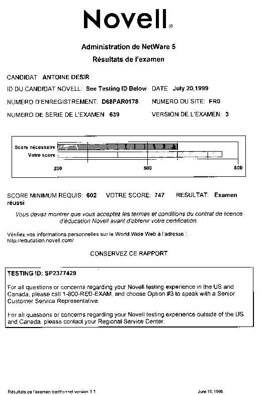 Rapport d'examen Certified Netware 5 Administration, page 1