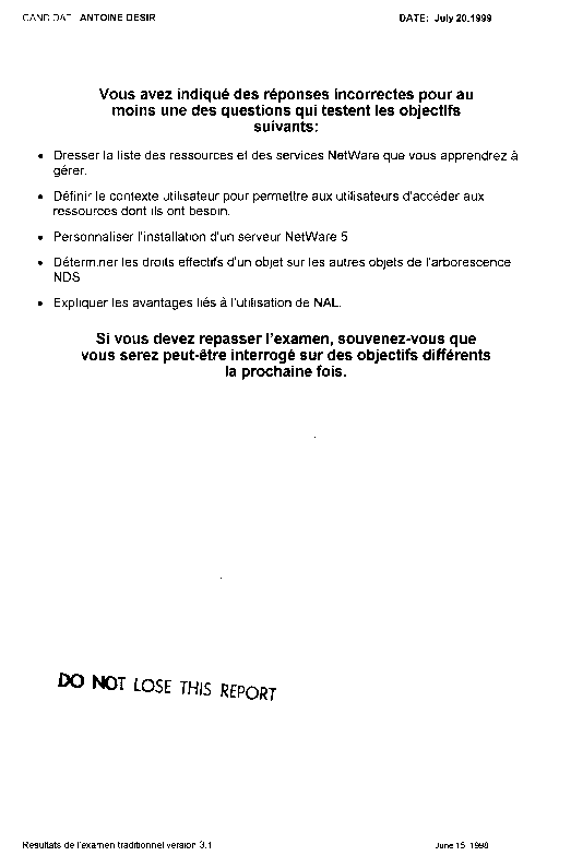 Rapport d'examen Certified Netware 5 Administration, page 2